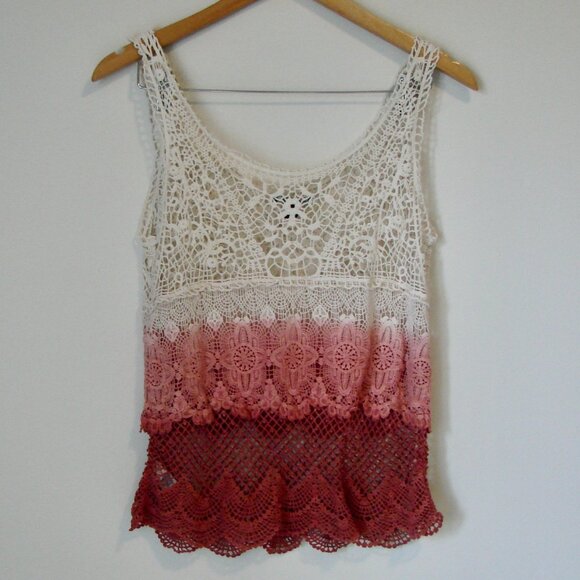 Y2K Lace Crochet Tank Top Boho Cream Pink Rose Ombre American Eagle Size Small - Picture 11 of 13